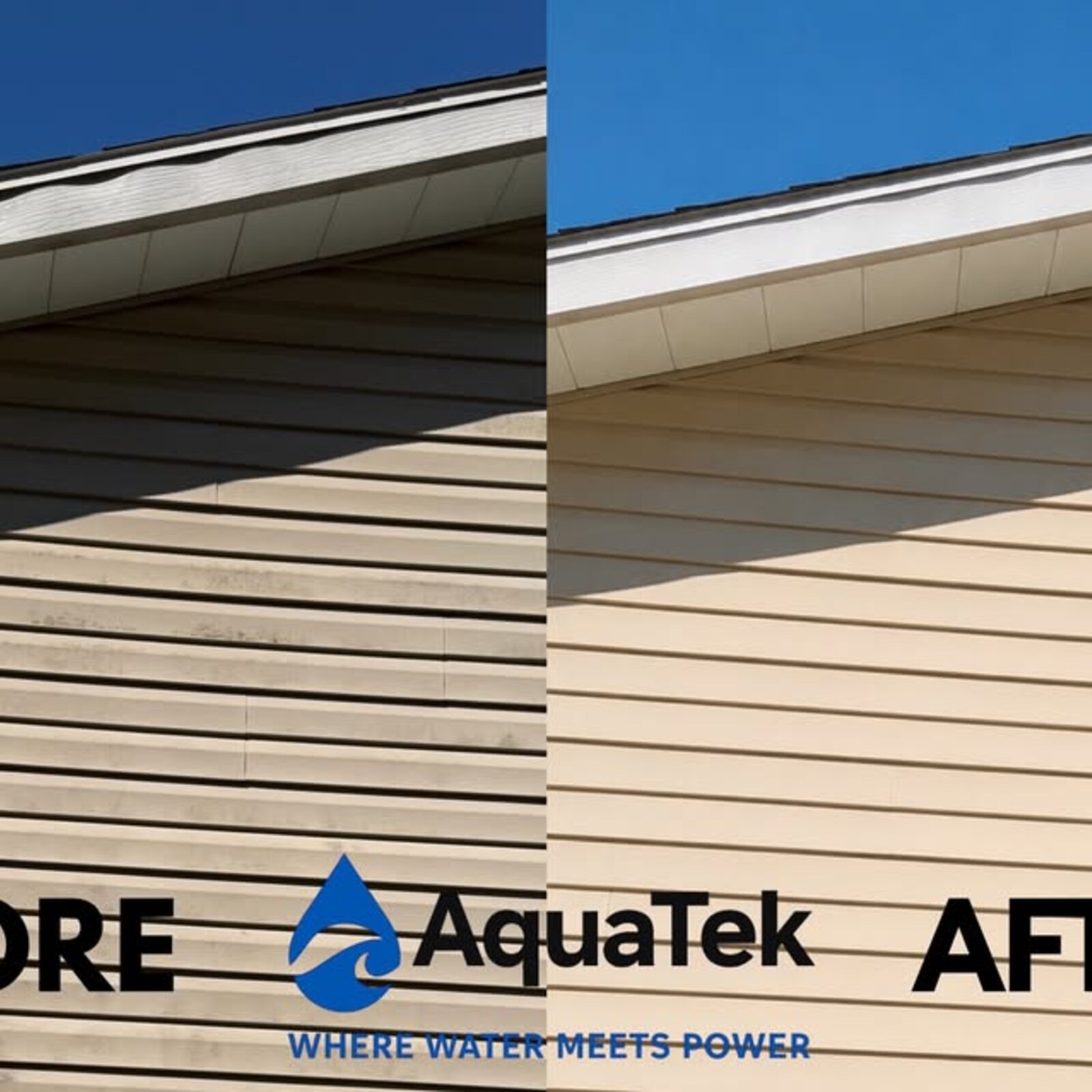 Before and after of a house exterior washed by AquaTek