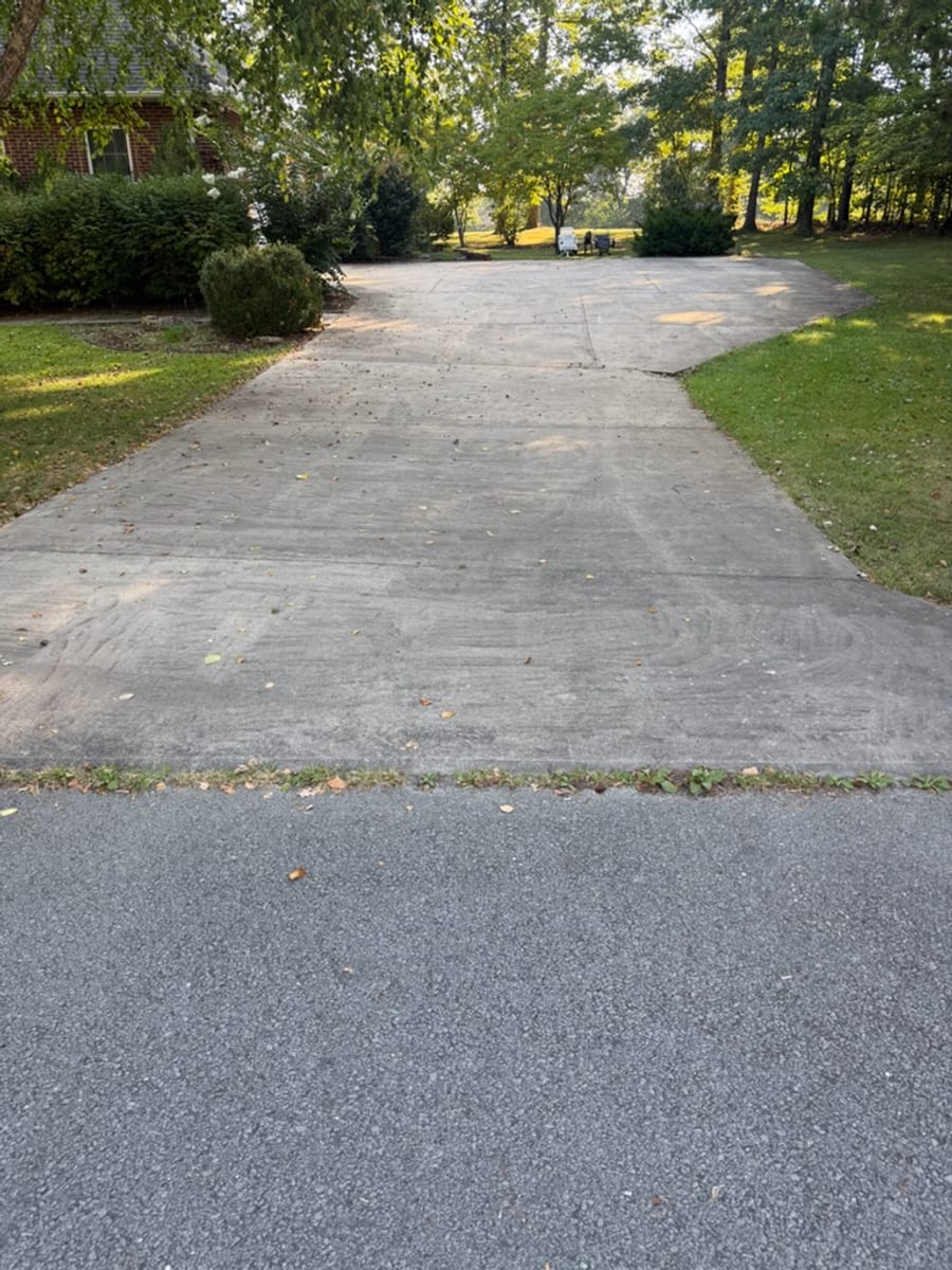 Residential concrete driveway before washing, dulled to flat grey with leaf litter across it