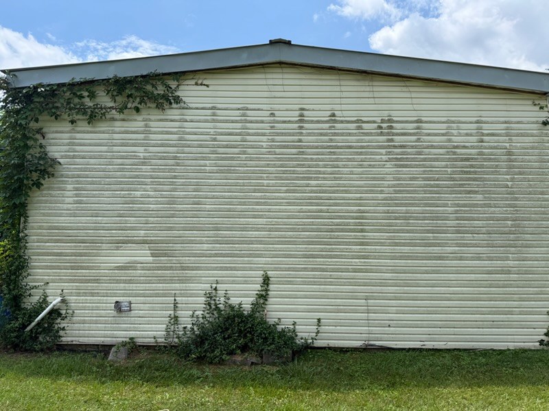 Long side wall of a building before soft washing, algae streaked down the panels